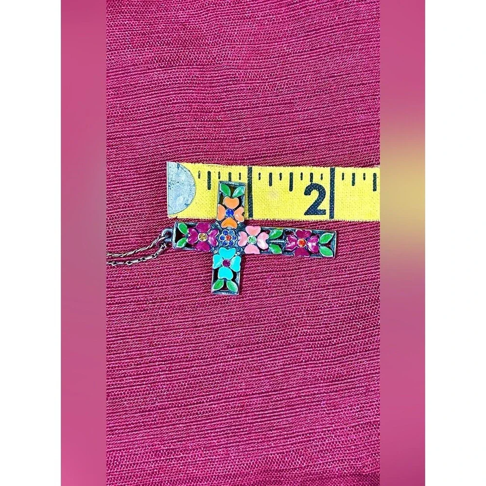 Ben-Amun Vintage Signed Floral Enamel Cross Pendant Necklace Silver Tone
